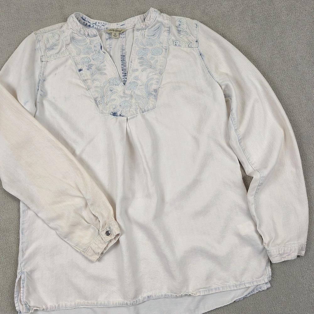 Lucky Brand Tunic M Womens White Blue Embroidered Lyocell Boho Long Sleeve Top